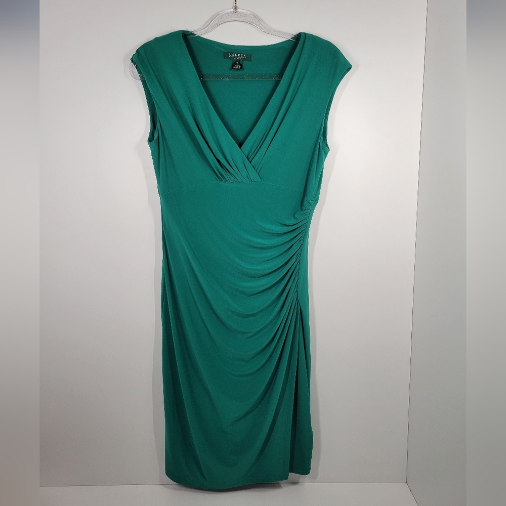 Lauren Ralph Lauren Green Ruched Cap Short Sleeve Sheath Women Dress Size 10